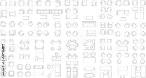 Furniture floor plan symbols top view line art icons for interior design architectural layout planning vector illustration set