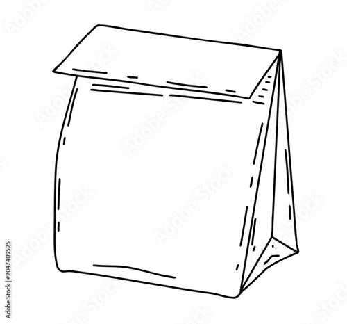 Paper lunch bag outline, black and white hand drawn cardboard package with folded top flap. Isometric food container line art, grocery sack sketch isolated on white. Paper bag line drawing.