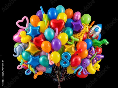 Colorful balloons in various shapes and sizes.