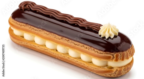 Eclair with Chocolate Glaze and Cream Filling on White Background