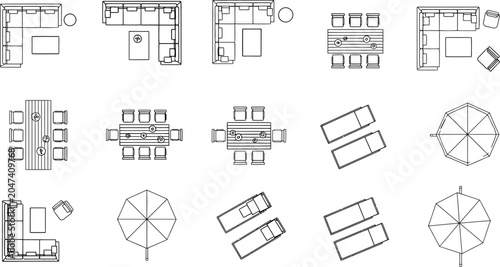Outdoor patio furniture floor plan symbols including sectional sofas dining tables loungers and umbrellas for architectural landscape design vector