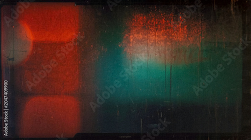 Abstract cinematic background with vintage film grain texture, soft glowing red and teal light leaks, dark moody atmosphere, artistic scratched overlay, professional photography backdrop for design