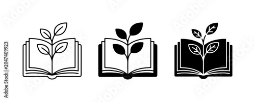 Open Book with Growing Plant Icons, Knowledge Growth, Learning Symbolism, Education Concepts