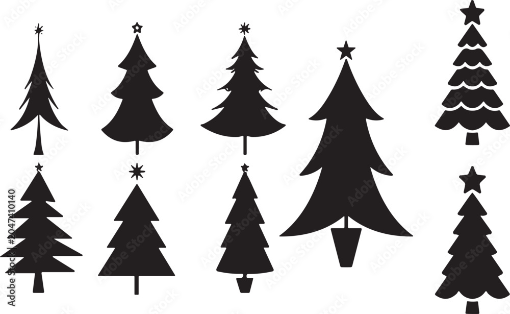 Obraz premium Silhouette Collection of Christmas Trees with Star Tops for Holiday, Winter, and Festive Decoration Design Concepts