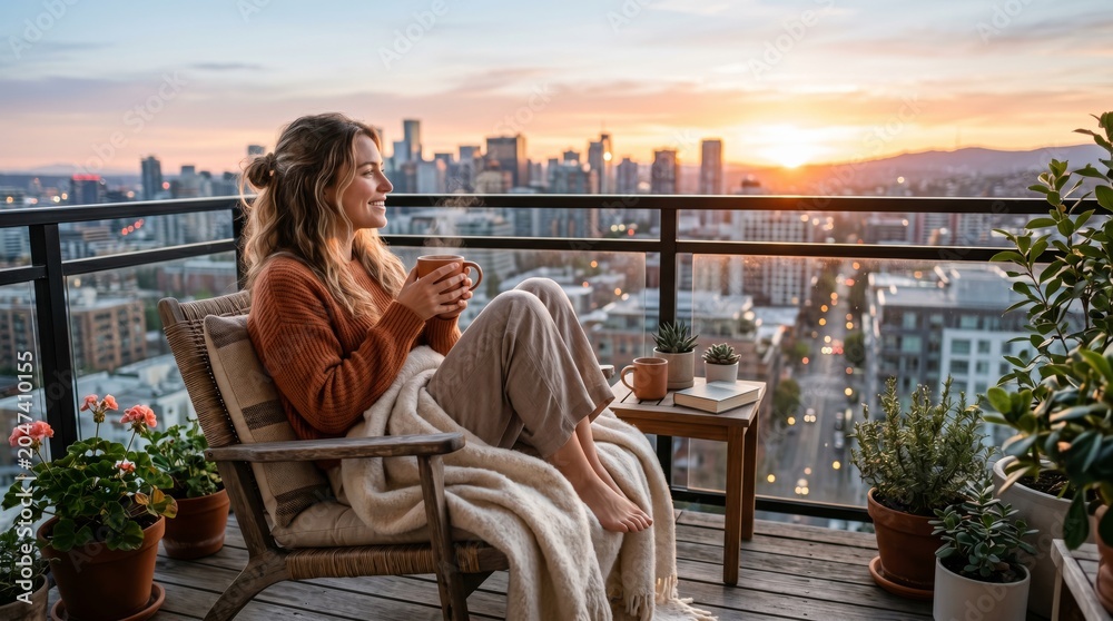 Obraz premium Woman holding warm cup on balcony chair in golden sunset above modern city rooftops