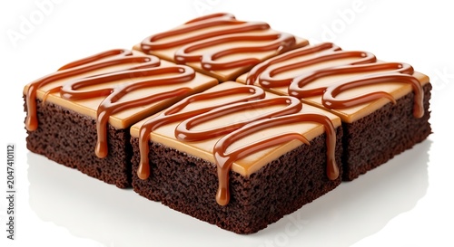 Chocolate Brownies with Caramel Sauce on White Background