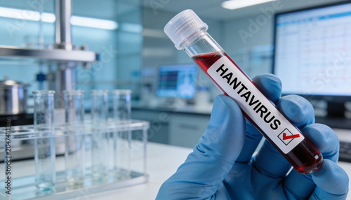 Positive Hantavirus blood test tube held by scientist hand in blue glove inside laboratory