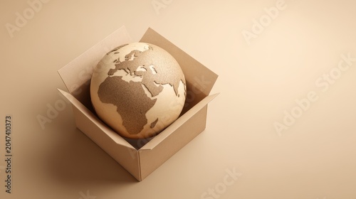 A cardboard box shaped perfectly like a globe on the far right third. The entire left side is a vast, empty, clean light beige background.