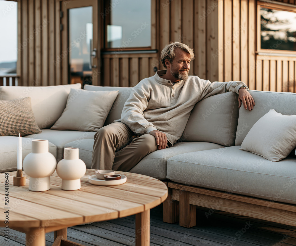 Fototapeta premium Man sitting on outdoor teak sofa on scandinavian cabin deck at golden hour surrounded by neutral linen cushions and minimal ceramic decor.