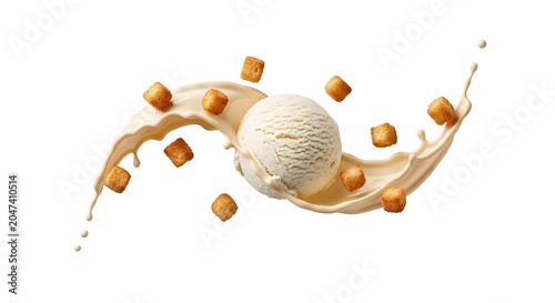 Vanilla Ice Cream Scoop with Caramel Sauce and Cubes Floating in Air