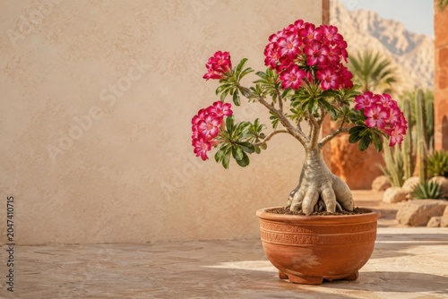 Desert Rose Plant in Clay Pot With Sculptural Caudex and copy space, 