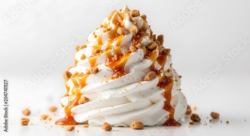 Whipped Cream Dessert with Caramel Sauce and Nuts on White Background