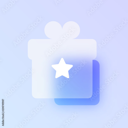 Gift box glassmorphism icon. Blue frosted glass vector pictogram with star for holiday UI, web design concept.