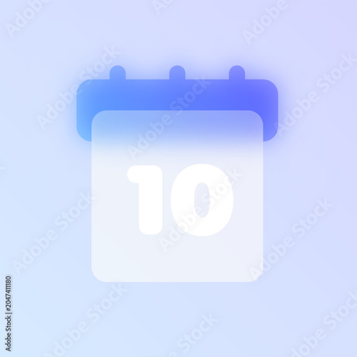 Calendar glassmorphism icon. Blue frosted glass vector pictogram showing day 10 for scheduling UI, web design concept.