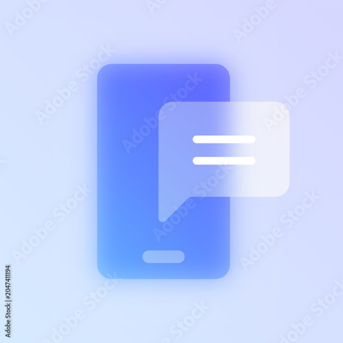 Mobile chat glassmorphism icon. Blue frosted glass vector pictogram with speech bubble on smartphone for UI, web design concept.