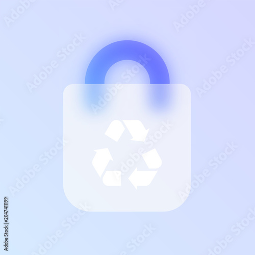Recycling bag glassmorphism icon. Blue frosted glass vector pictogram with eco recycle symbol for UI, web design concept.