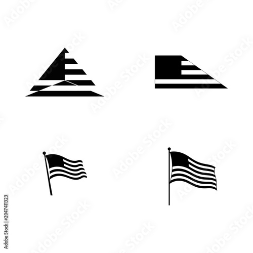 Set of black silhouette featuring a folded american flag and two variations of a waving flag, isolated on a white background, for patriotic or, nationalistic projects