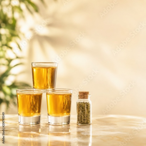 Digestive Tonic Shots With Herbs and Copy Space