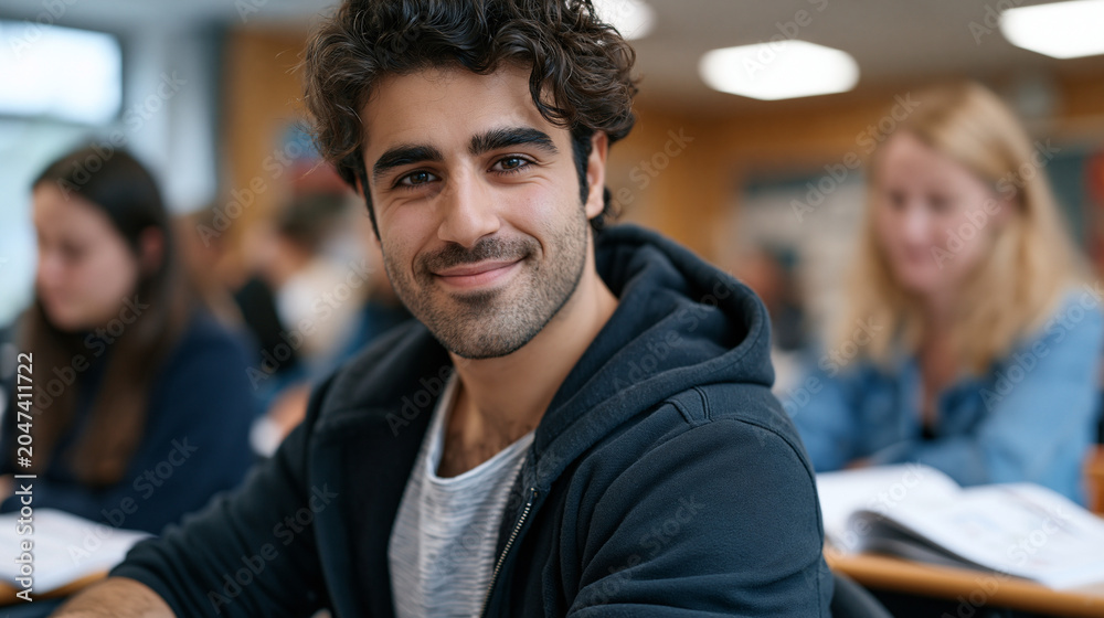 Fototapeta premium young Syrian refugee man in his twenties sitting at a community center language class desk, workbook open, integration program instructor beside him, fluorescent classroom light, hopeful focused exp