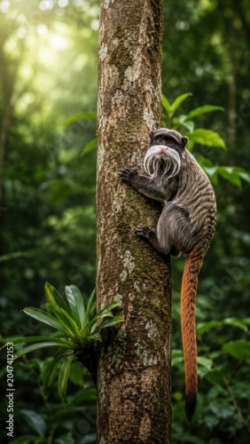 Emperor Tamarin Clinging to Tree Trunk in Rainforest