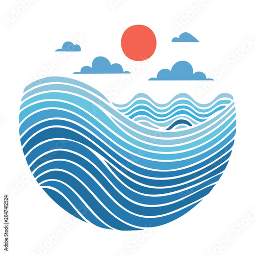 Stylized ocean waves with sun and clouds