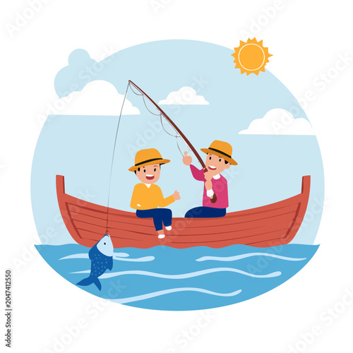 Two boys fishing in a boat on a sunny day
