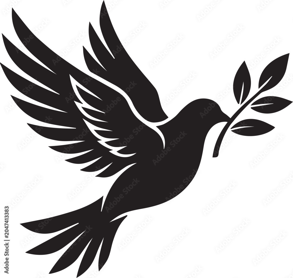 Obraz premium Minimalist dove with olive branch silhouette icon in black, symbolizing peace, hope, reconciliation, harmony, and unity lifestyle concepts