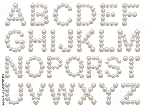 Pearl alphabet letters on white background.