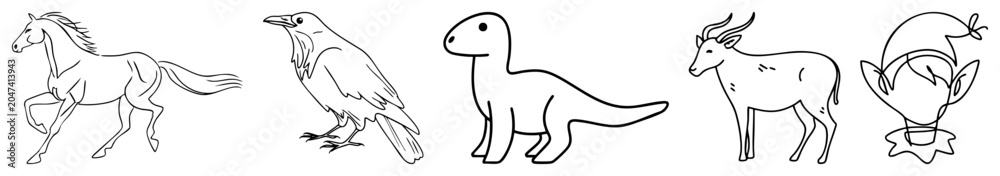 Obraz premium Simple drawings featuring a galloping steed, a feathered corvid, a prehistoric saurian, an antelope, and a whimsical forest. These fine sketches capture essence through minimal str