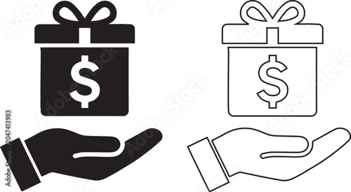 Cuadro en lienzo Minimalist gift box with dollar sign and hand icons set featuring black filled a