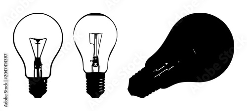 Light bulb set with black silhouette on white background featuring illumination, electrical, iconography with vector and graphic