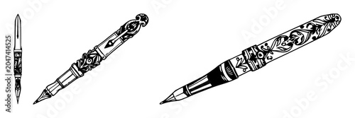 Black line art, white background: ornate brass pen set with simple line art design featuring line art, illustrations, graphic resources with vector and design elements