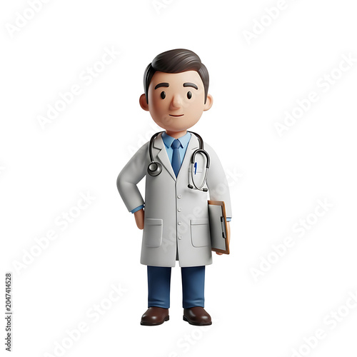 Cartoon Male Doctor with Stethoscope and Clipboard, Professional, Friendly, Health Care, Medical Professional, White Background