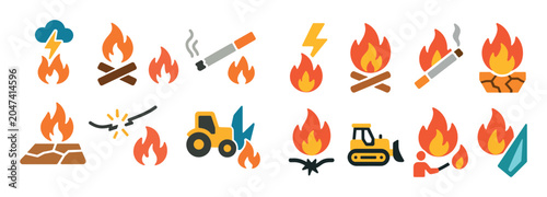 Fire icons with flame match bulldozer flat
