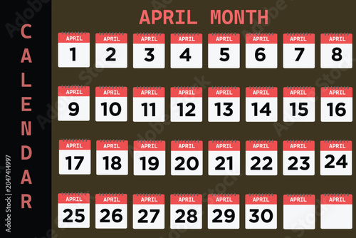 Foto Minimalist calendar vector illustration for month of april with individual date cards from first to thirtieth on dark brown background