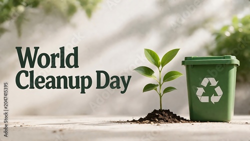 World cleanup day concept with a small green plant and a recycling bin