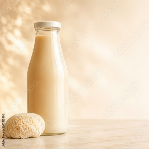 Lion’s Mane Oat Drink With Bottle and Copy Space