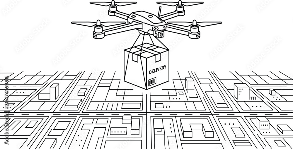 Fototapeta premium Black and white line art illustration of a delivery drone transporting a package over a city map layout