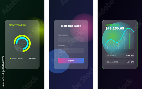 Cryptocurrency investment tracker and fitness activity dashboard with glassmorphism design.