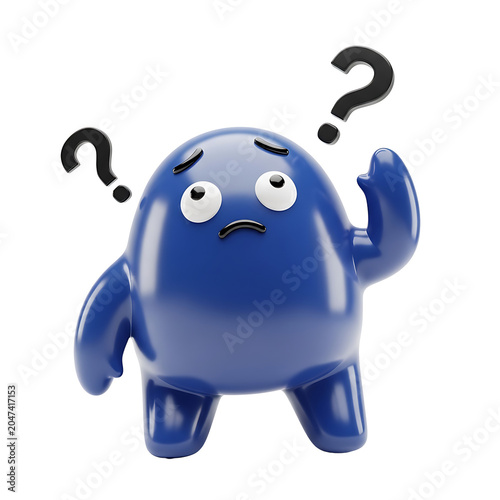 Confused Blue Character Pondering with Question Marks