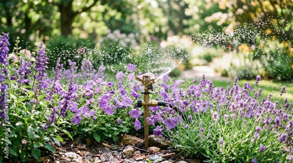 Obraz premium Garden sprinkler watering colorful purple flowers in blooming garden.