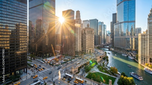 Golden Hour Sunburst Over Chicago River and Downtown Skyline, Illinois, USA