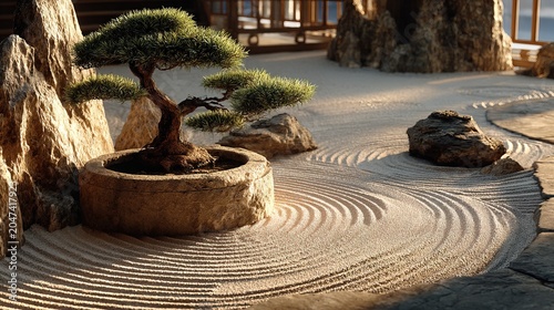 Tranquil Japanese Zen Garden With Miniature Pine Tree and Raked Sand Patterns