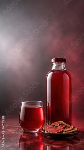 Reishi Berry Tonic With Glass Bottle and Copy Space