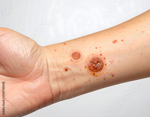 Close-up of a person's arm showing several circular blister-like wounds with red and brown centers, possibly indicating a skin condition or injury