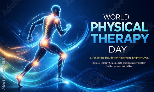 World physical therapy day concept with glowing human anatomy and movement