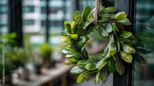 Organic Fresh Green Leafy Wreath Decoration Hanging on a Doorway