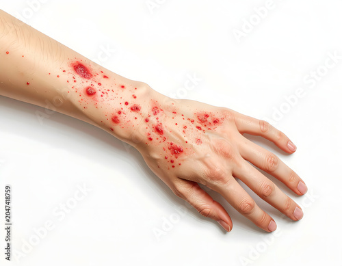 An arm with red, inflamed, and irritated skin, showing signs of a skin condition or injury, possibly eczema or an allergic reaction