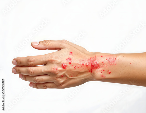 A close-up of a person's hand and wrist covered in a bright red liquid, possibly blood or paint, against a white background