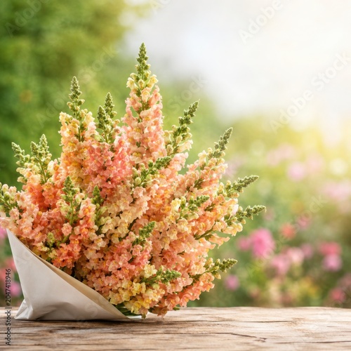 Snapdragon Bouquet Wrapped in Paper With Garden Copy Space